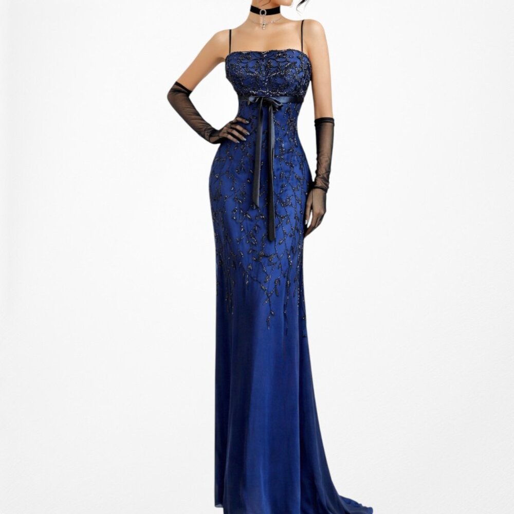 Vintage Y2K Navy Blue Floral Beaded Knit Babydoll Maxi Bodycon Prom Dress Size S